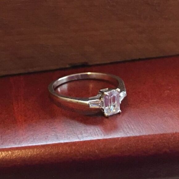 Sterling Silver Ring 18K White Gold Plated Cubic Zirconia Baguette Size 6.25 925 - Picture 11 of 14